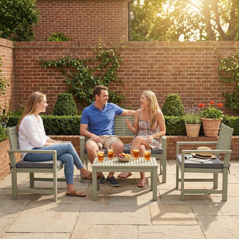 Outsunny 4 Seater Wooden Garden Furniture Set with Loveseat, Armchairs, Table, Acacia Wood Garden Sofa Set, Light Grey