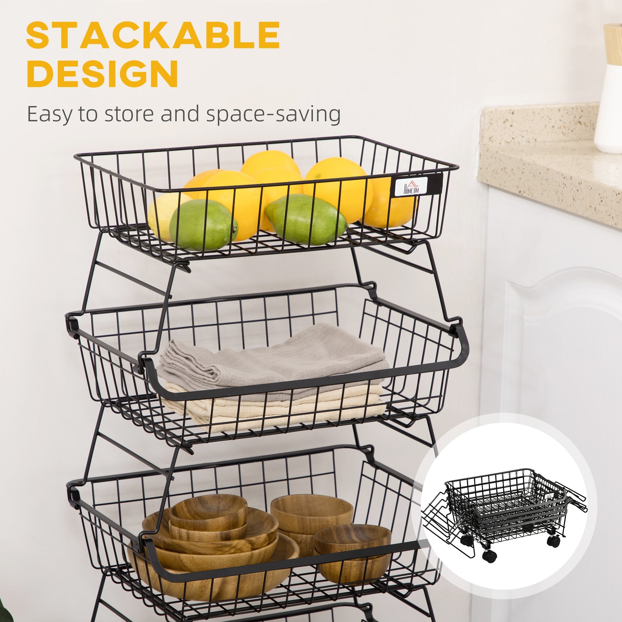HOMCOM 5 Tier Storage Trolley, Stackable Fruit Vegetable Cart for Kitchen, Living Room, 40 x 2 x 97 cm, Black