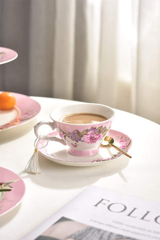 Coffee Tea Cup and Saucer 7.5" Dessert Plate Set 3 Shabby Chic Vintage Porcelain Bird Butterfly Floral Gift Box (Pink)