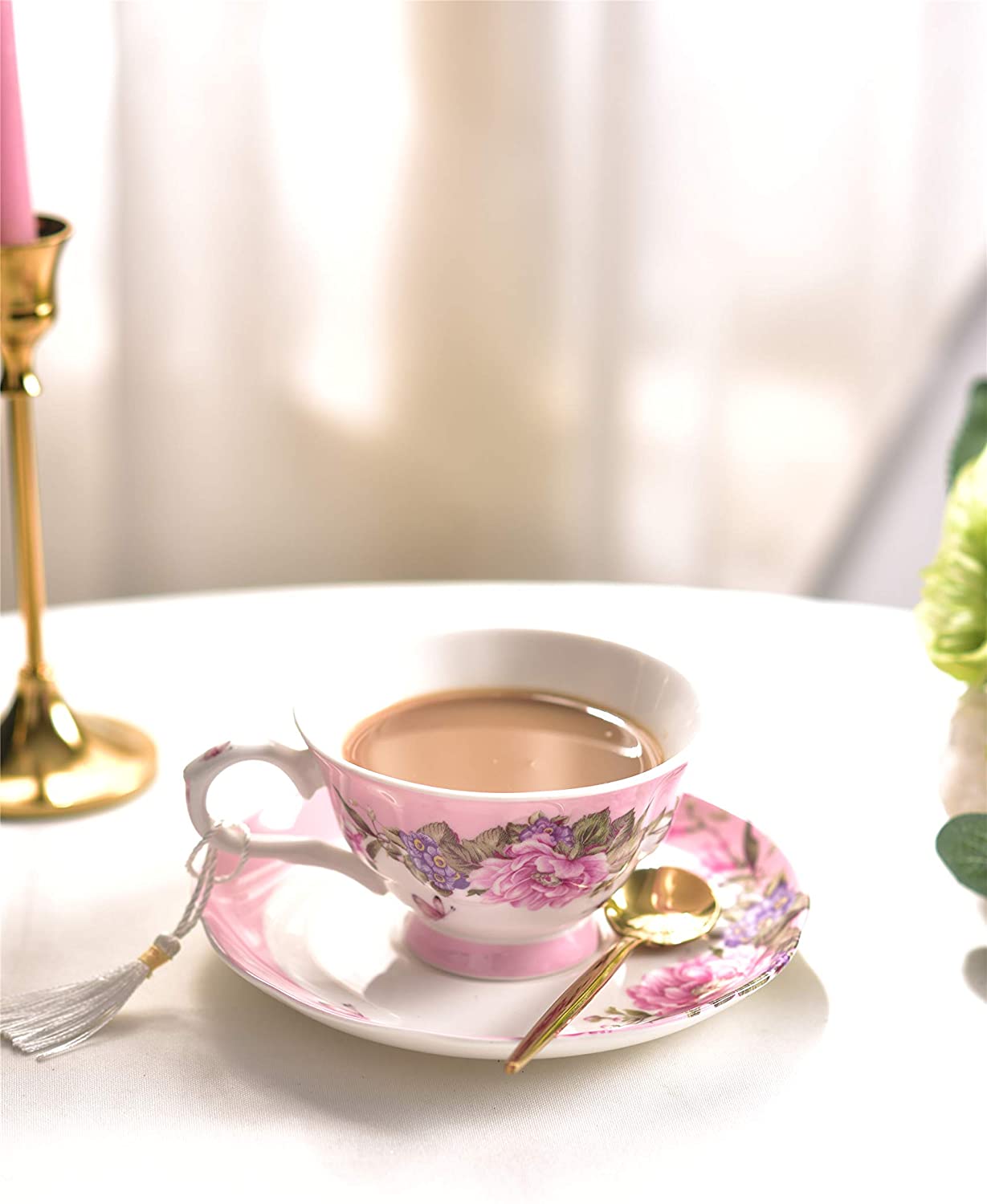 Coffee Tea Cup and Saucer 7.5" Dessert Plate Set 3 Shabby Chic Vintage Porcelain Bird Butterfly Floral Gift Box (Pink)