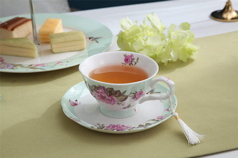 Coffee Tea Cup and Saucer 7.5" Dessert Plate Set 3 Shabby Chic Vintage Porcelain Bird Butterfly Floral Gift Box (Turquoise)