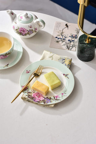 Coffee Tea Cup and Saucer 7.5" Dessert Plate Set 3 Shabby Chic Vintage Porcelain Bird Butterfly Floral Gift Box (Turquoise)