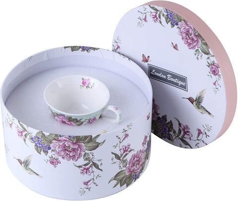 Coffee Tea Cup and Saucer 7.5" Dessert Plate Set 3 Shabby Chic Vintage Porcelain Bird Butterfly Floral Gift Box (Turquoise)