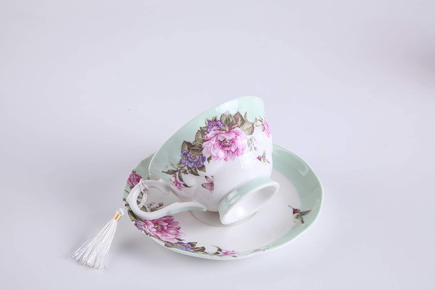 Coffee Tea Cup and Saucer 7.5" Dessert Plate Set 3 Shabby Chic Vintage Porcelain Bird Butterfly Floral Gift Box (Turquoise)