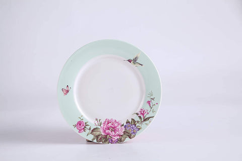 Coffee Tea Cup and Saucer 7.5" Dessert Plate Set 3 Shabby Chic Vintage Porcelain Bird Butterfly Floral Gift Box (Turquoise)