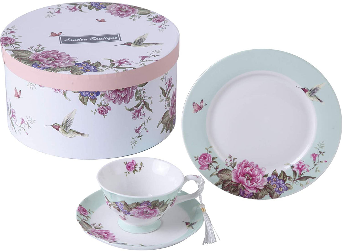Coffee Tea Cup and Saucer 7.5" Dessert Plate Set 3 Shabby Chic Vintage Porcelain Bird Butterfly Floral Gift Box (Turquoise)