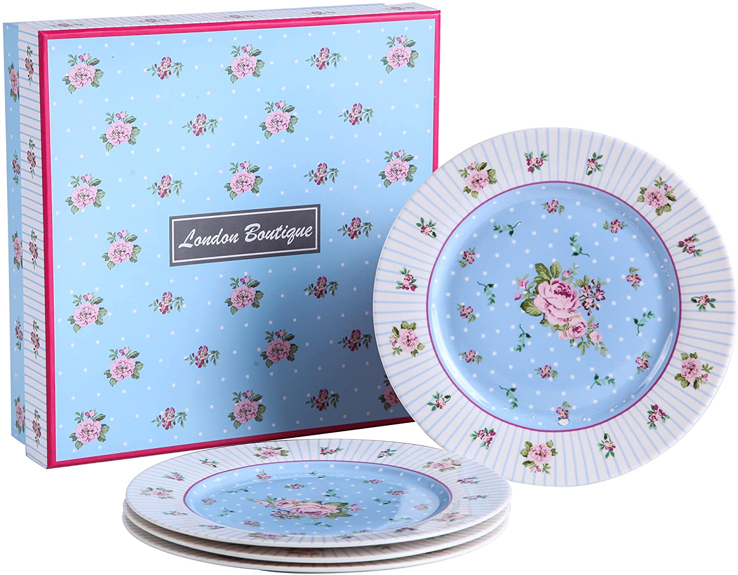 London Boutique Cake Plate Set 4 Porcelain Fine China Wide Rimmed Shabby Chic (Rose Blue)