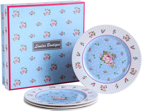 London Boutique Cake Plate Set 4 Porcelain Fine China Wide Rimmed Shabby Chic (Rose Blue)