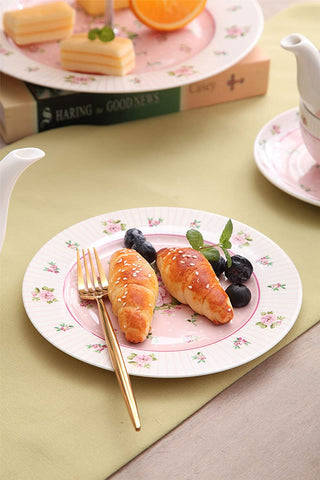 London Boutique Cake Plate Set 4 Porcelain Fine China Wide Rimmed Shabby Chic (Rose Pink)