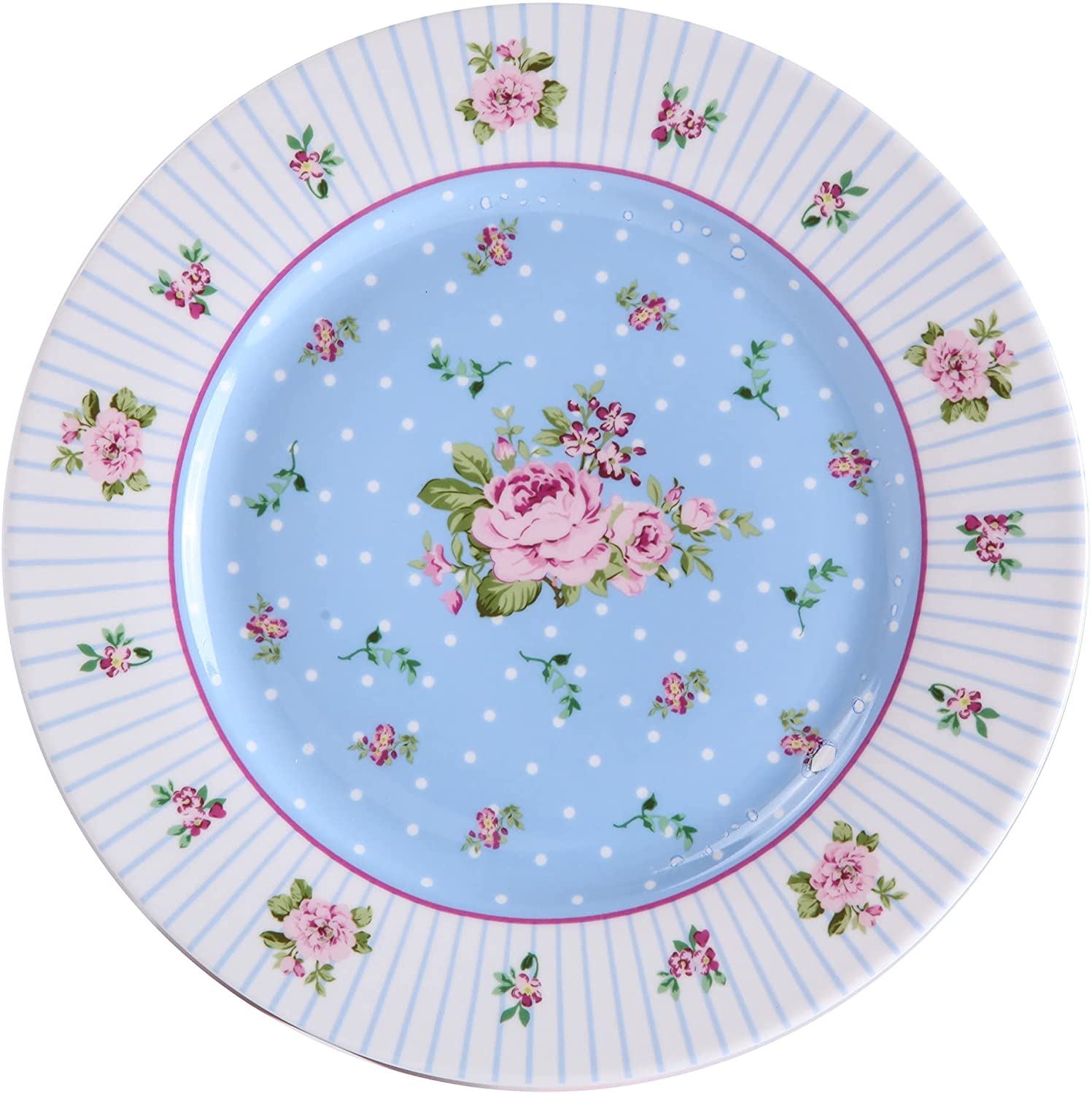 London Boutique Cake Plate Set 4 Porcelain Fine China Wide Rimmed Shabby Chic (Rose Blue)