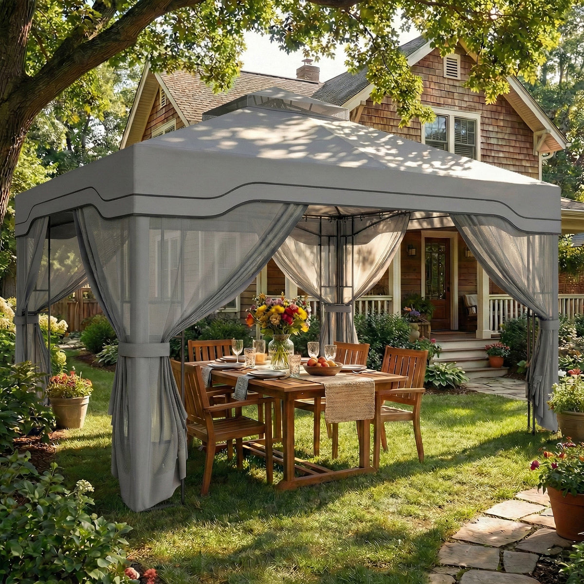 Outsunny 3 x 3.6 m Outdoor Garden Gazebo with Post Shelves, UPF50+ Patio Permanent Pavilion with Hook, Dark Grey