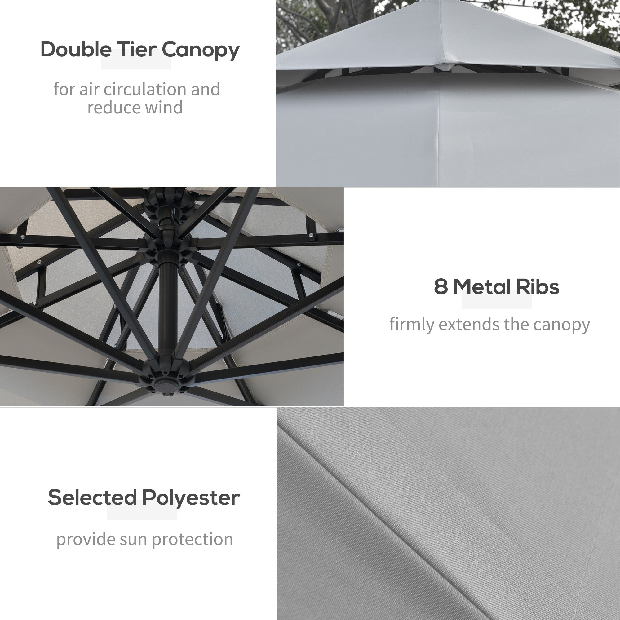 Outsunny 3(m) Cantilever Banana Parasol Hanging Umbrella with Double Roof, LED Solar lights, Crank, 8 Sturdy Ribs and Cross Base for Outdoor, Garden, Patio, Light Grey