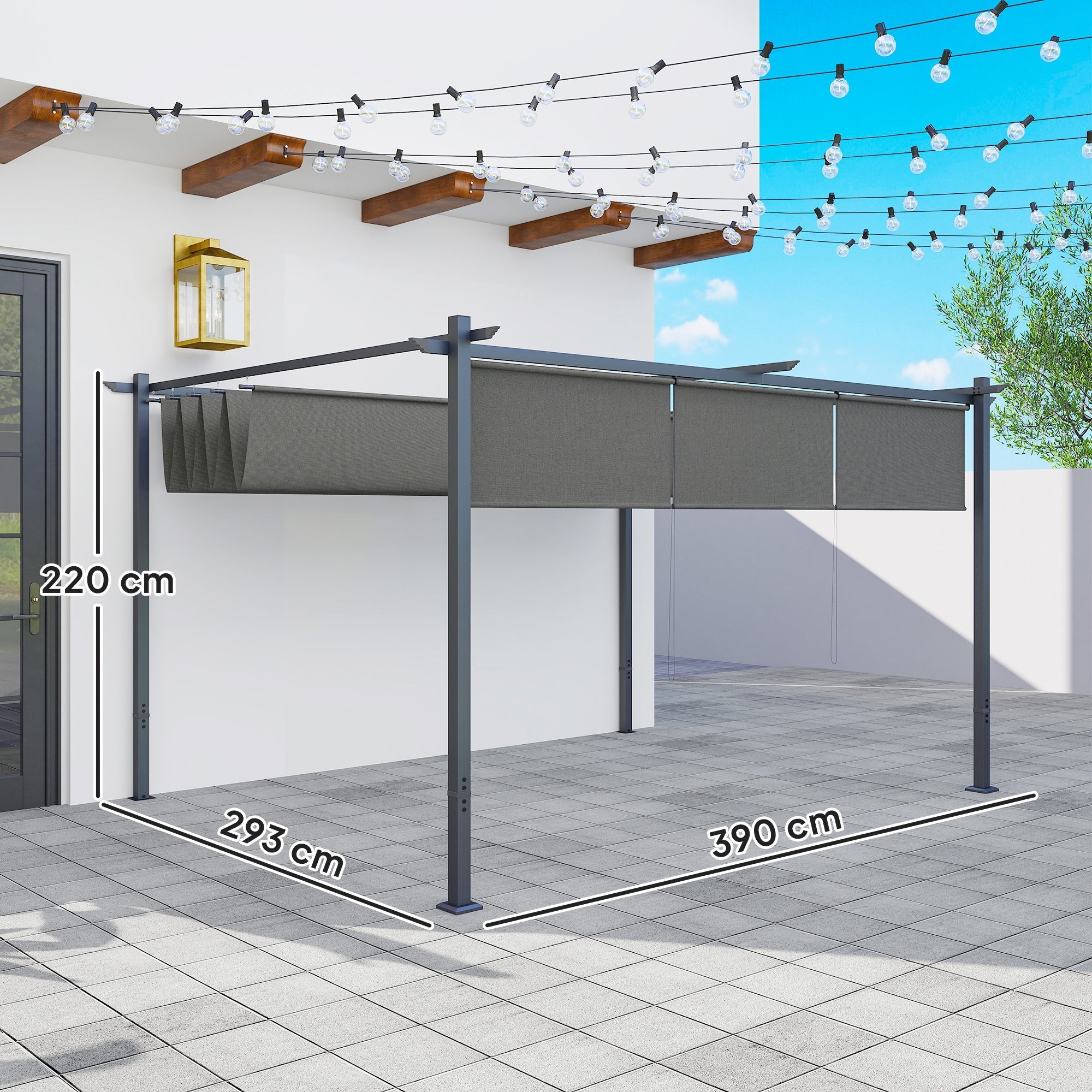 Outsunny 3 x 4m Metal Pergola with Retractable Roof and Roller Shade, Wall-Mounted or Free Standing Garden Gazebo Canopy Pergola Kit, UPF30+ Outdoor Sun Shade Shelter, Grey