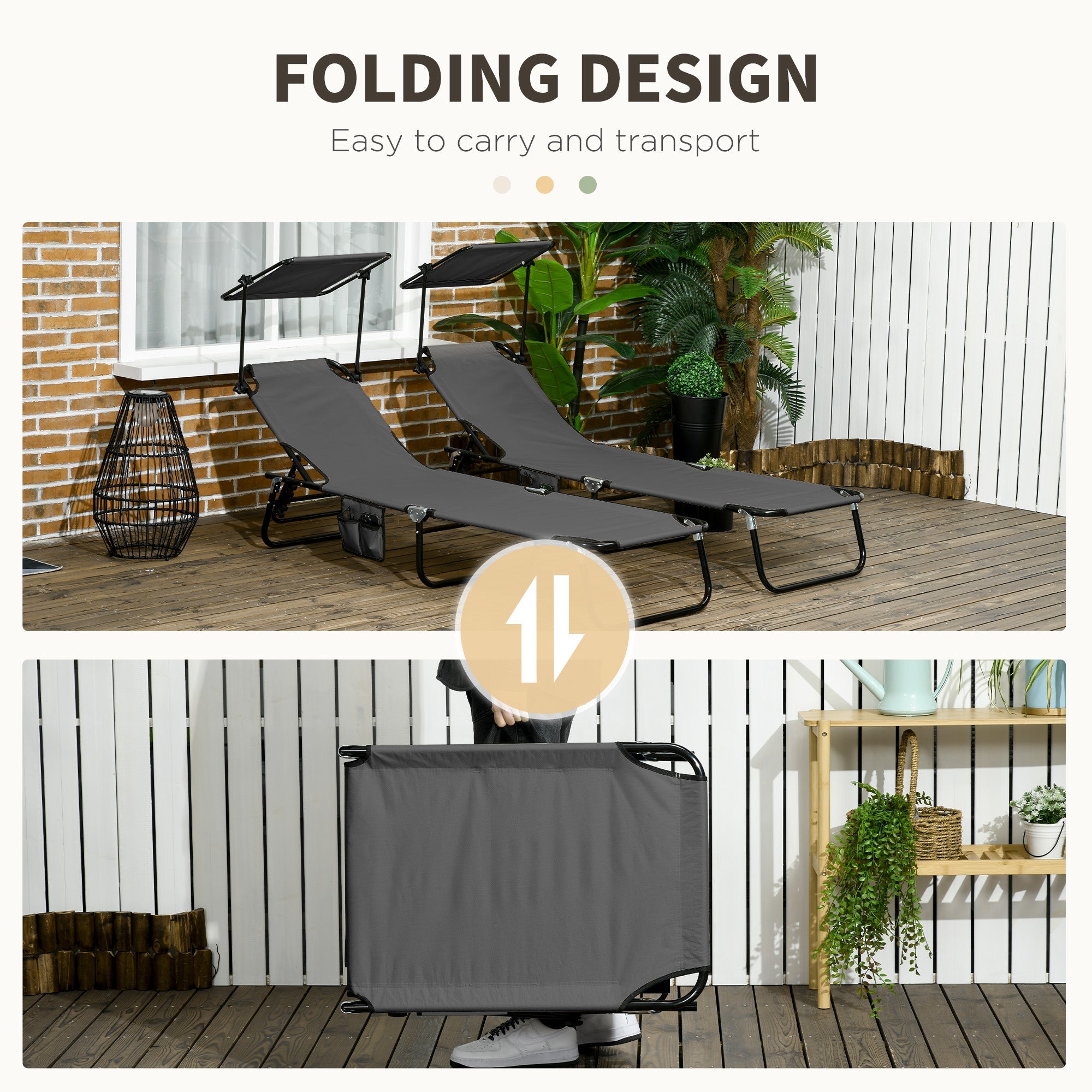 Outsunny 2 Piece Folding Sun Loungers with Canopy, Adjustable Recliner Garden Chairs with Side Pocket, Steel Frame and Breathable Mesh for Outdoor, Pool, Beach, Garden, Dark Grey