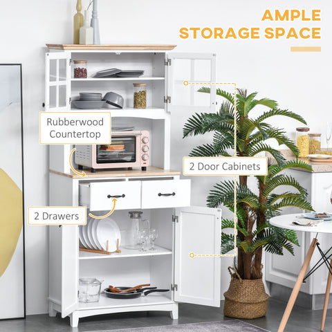 HOMCOM Freestanding Kitchen Cupboard, Kitchen Storage Cabinet with Framed Glass Doors, 2 Drawers, Microwave Counter, White