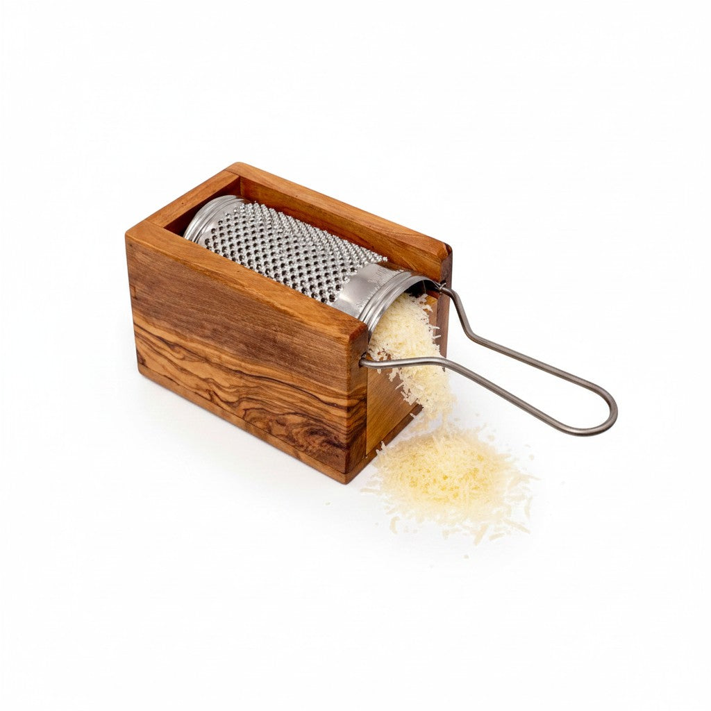 Handcrafted Olive Wood Cheese Grater Box - Manual Parmesan Shredder Catcher