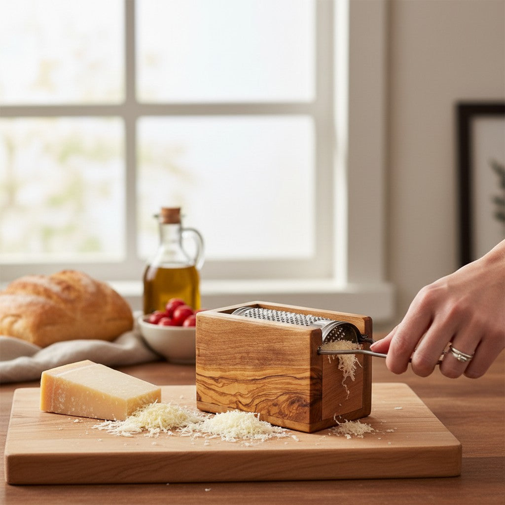 Handcrafted Olive Wood Cheese Grater Box - Manual Parmesan Shredder Catcher