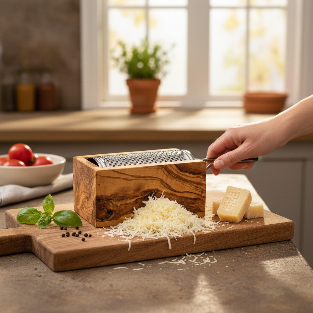 Handcrafted Olive Wood Cheese Grater Box - Manual Parmesan Shredder Catcher