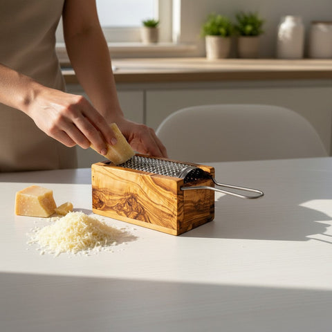 Handcrafted Olive Wood Cheese Grater Box - Manual Parmesan Shredder Catcher