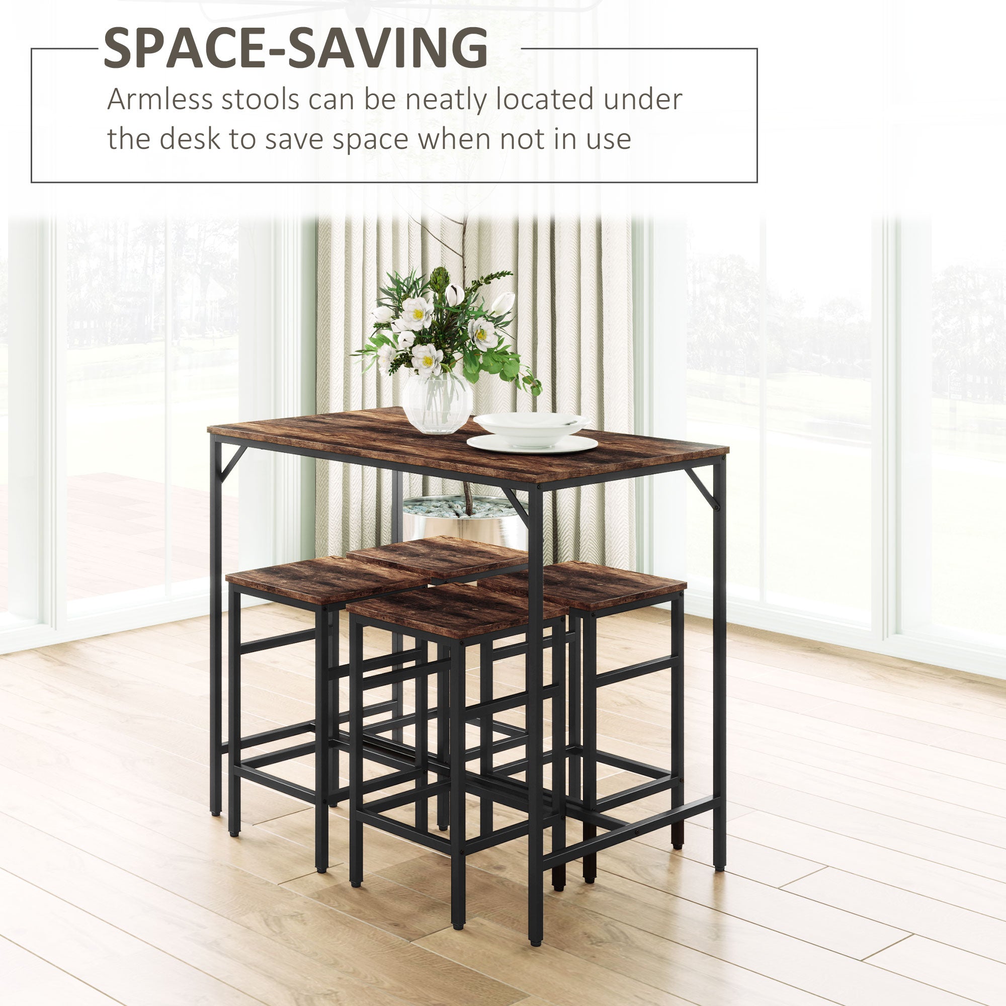 HOMCOM Industrial Rectangular Bar Table Set with 4 Stools for Dining Room, Kitchen, Dinette