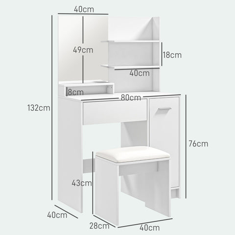 HOMCOM Dressing Table with Mirror and Stool, Vanity Table, Modern Makeup Desk with Drawer, Storage Cabinet and Adjustable Shelf for Bedroom, White
