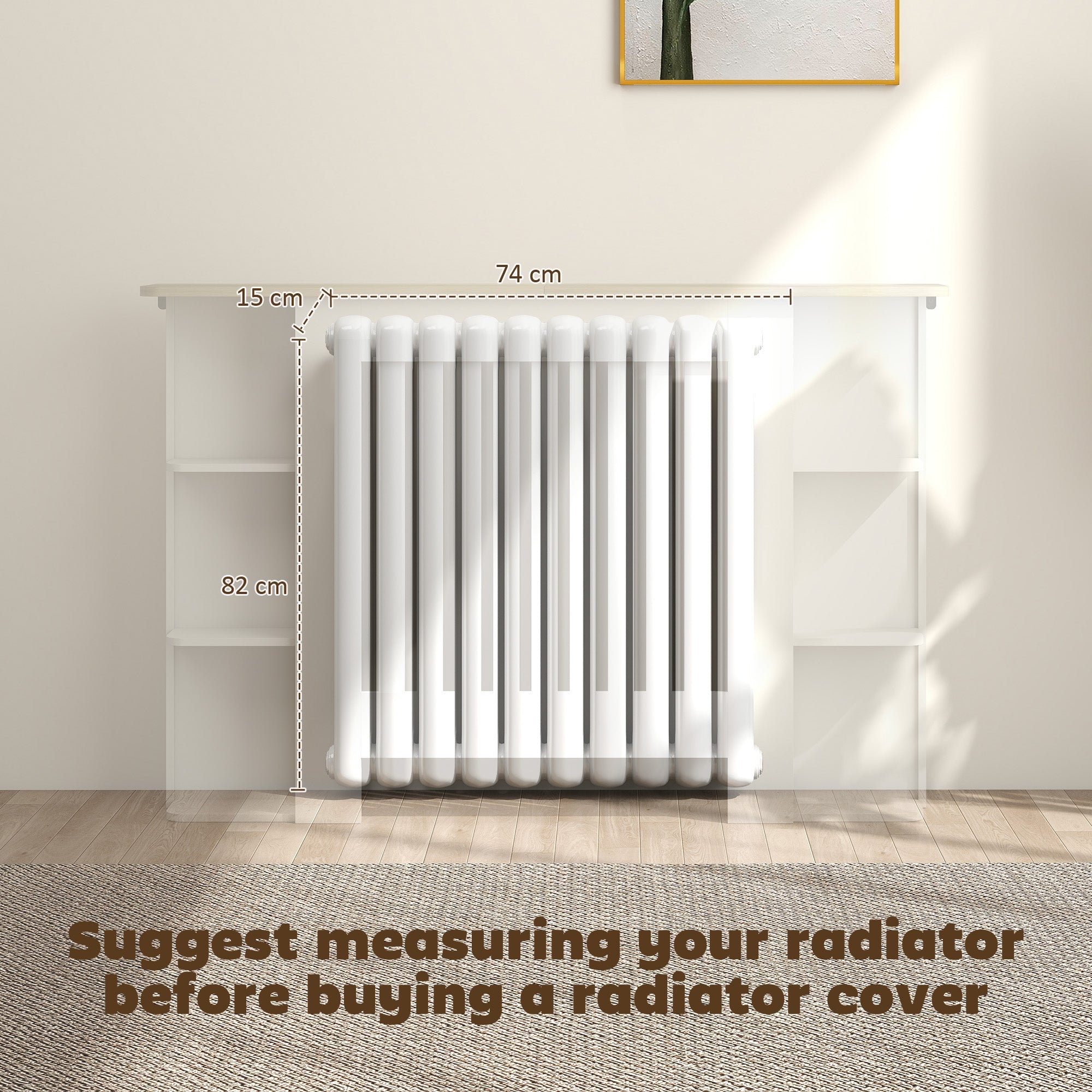 HOMCOM Radiator Cover with Open Storage Shelves, Vertical Slatted Cabinet Shelf Heater Cover for Living Room, Hallway, Medium, White