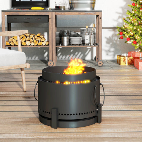 Outsunny Smokeless Fire Pit with Ash Catcher, 37cm Portable Wood Burning Firepit with Poker for Garden Camping Bonfire Party, Metal, Dark Grey