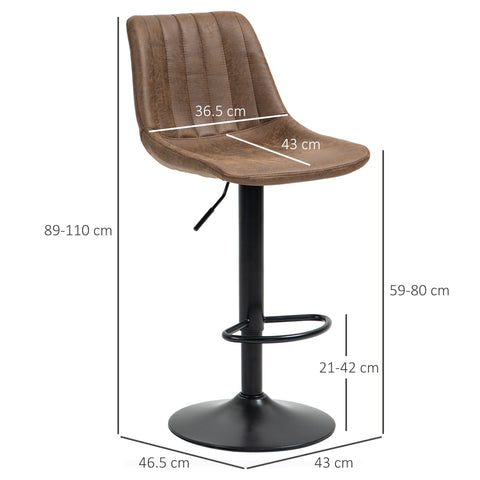 HOMCOM Bar Stools Set of 2, Swivel Counter Height Barstools with Back, Adjustable Bar Chairs, Breakfast Dining Stools for Kitchen Island Counter with Adjustable Steel Footrest & Base, Brown
