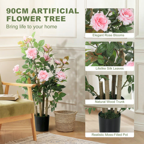 HOMCOM 90cm Artificial Rose Tree Set of 2, Decorative Fake Plant with 344 Silk Leaves 17 Flowers for Outdoor Indoor Decor, Pink