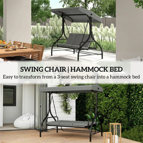 Outsunny 3 Seater Canopy Swing Chair, 2 in 1 Garden Swing Seat Bed, with Adjustable Canopy and Metal Frame, Light Grey
