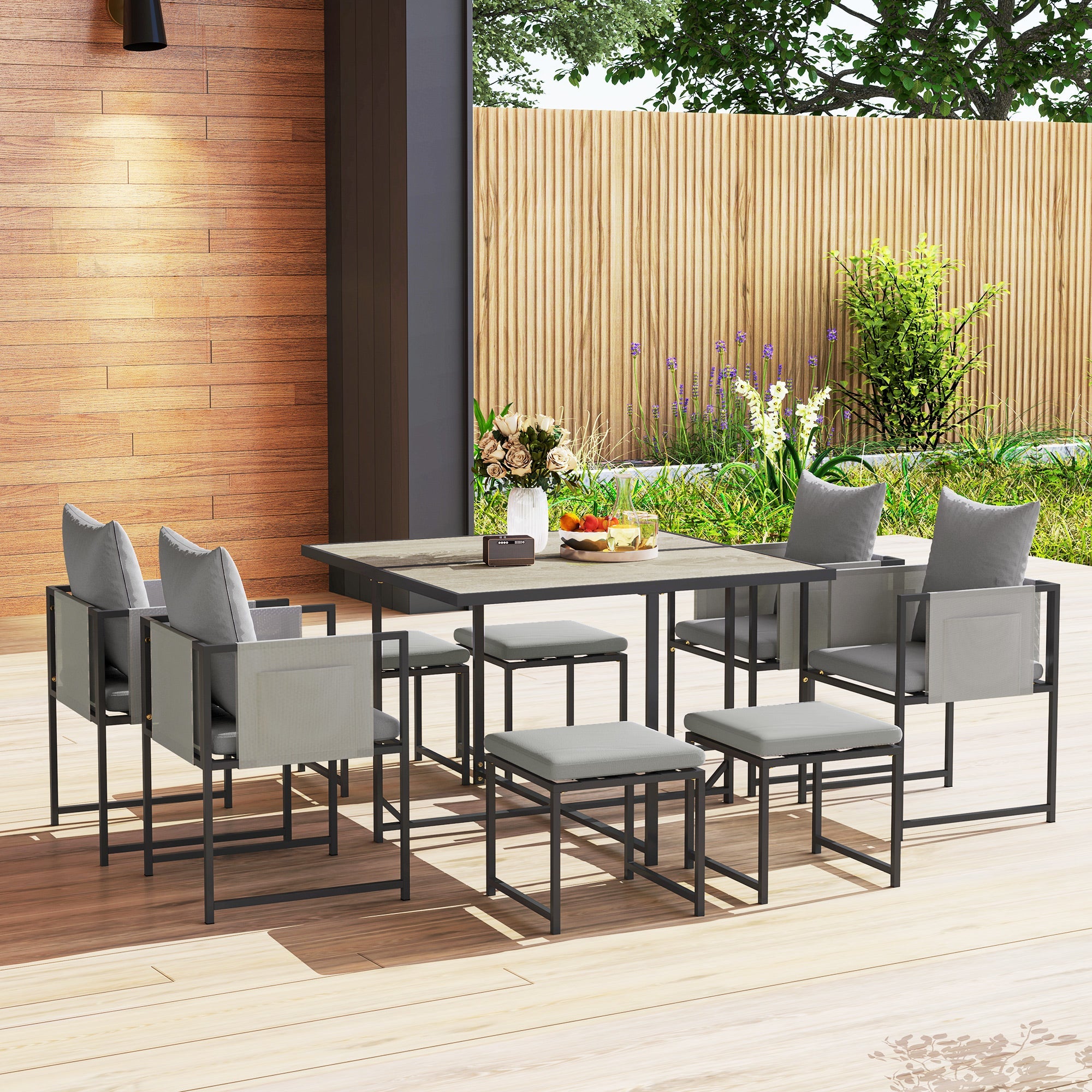 Outsunny Nine-Piece Steel Frame Garden Dining Set - Dark Grey