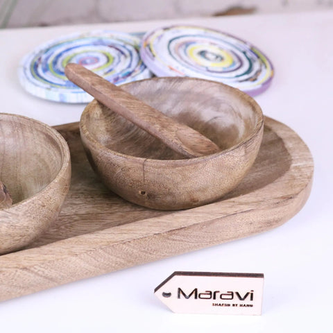 Karuna Mango Wood Serving Bowl Set of 3 with Tray