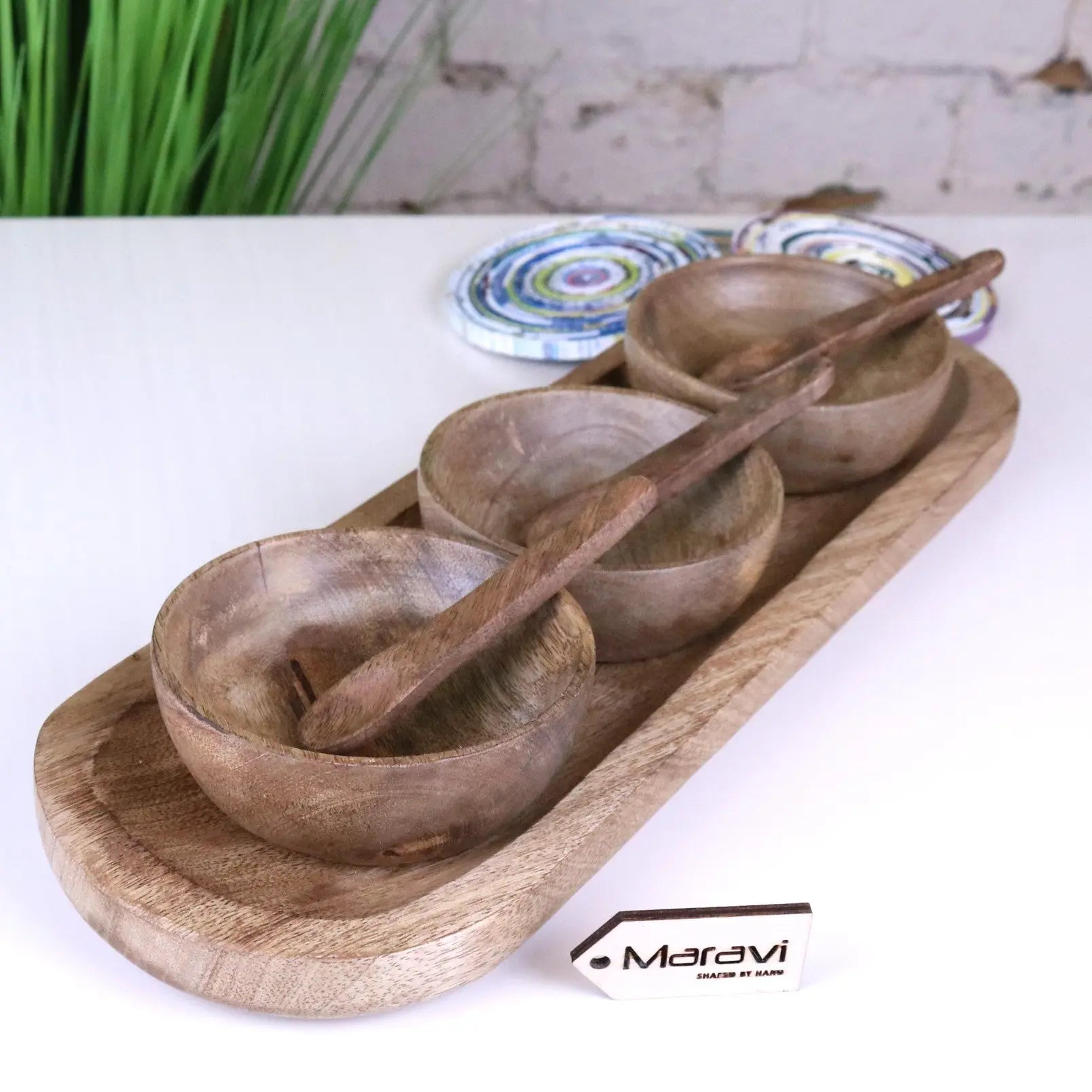 Karuna Mango Wood Serving Bowl Set of 3 with Tray