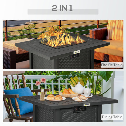 Outsunny Rattan-style Propane Gas Fire Pit Table with 40,000 BTU Burner, Square Smokeless Firepit Patio Heater with Thermocouple, Lava Rocks, Waterproof Cover, Spark Guard and Lid, Black