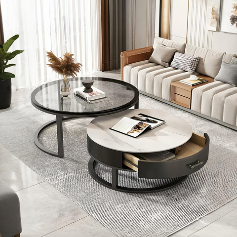Kev Nesting Coffee Table With Ottoman, Glass