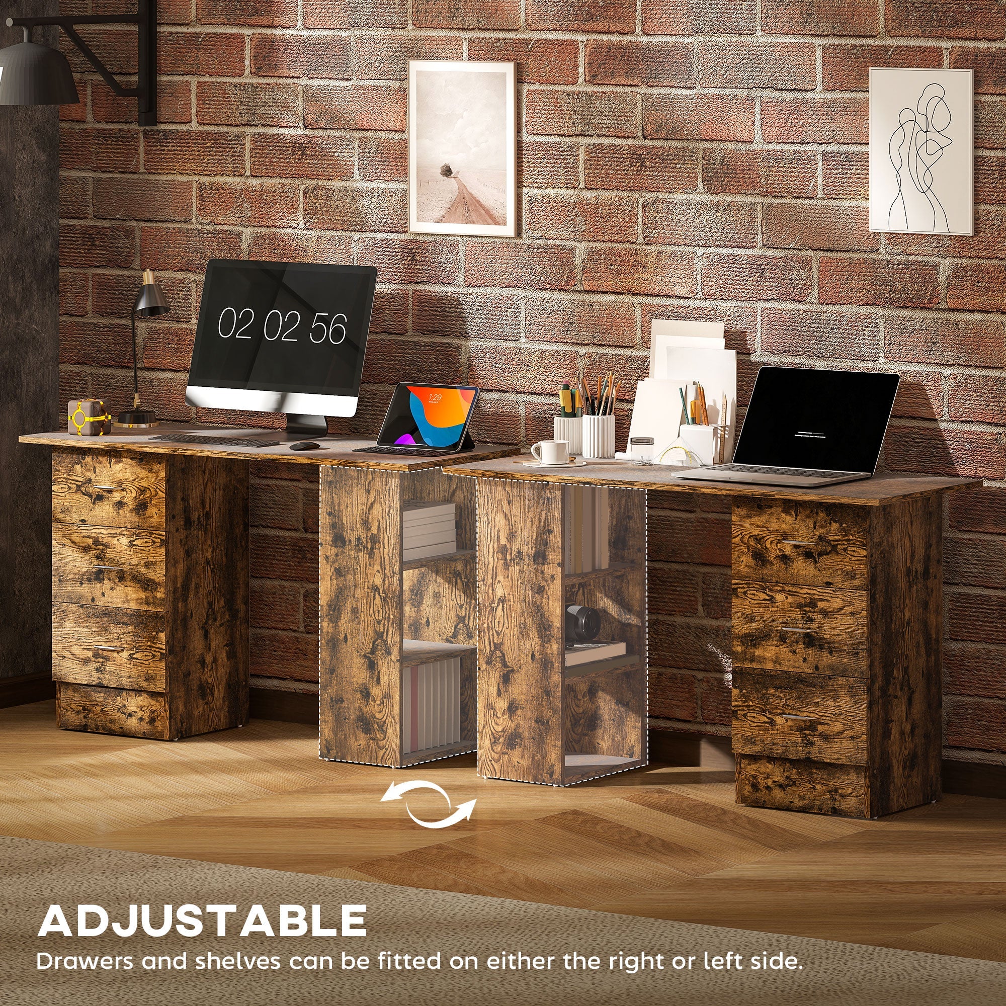 HOMCOM Computer Desk, Writing Table, PC Workstation with 3 Storage Shelves and Drawers, Silver Handle, for Home Office, Rustic Brown