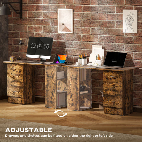 HOMCOM Computer Desk, Writing Table, PC Workstation with 3 Storage Shelves and Drawers, Silver Handle, for Home Office, Rustic Brown