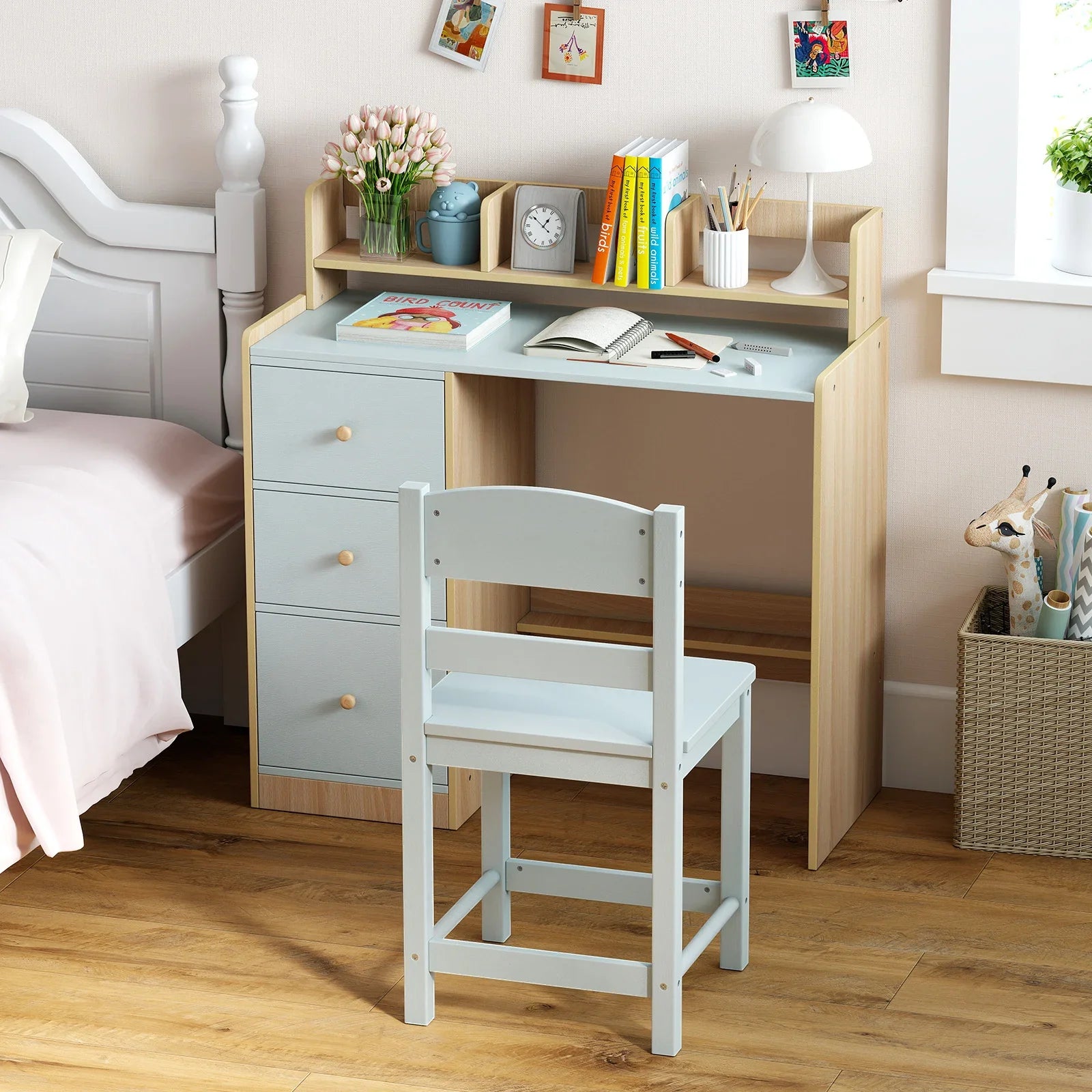 Kids Study Desk and Chair Set Wooden Children Writing Desk with Hutch-Grey
