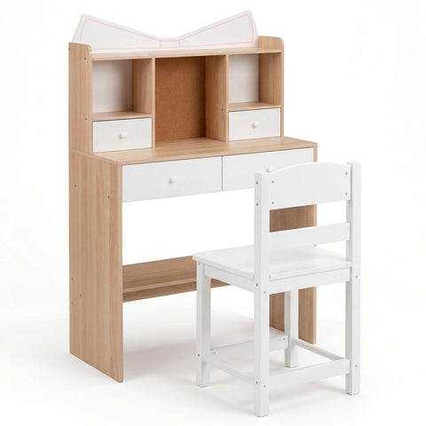 Kids Study Desk and Chair Set with Open Shelves and Cork Bulletin Board-Natural