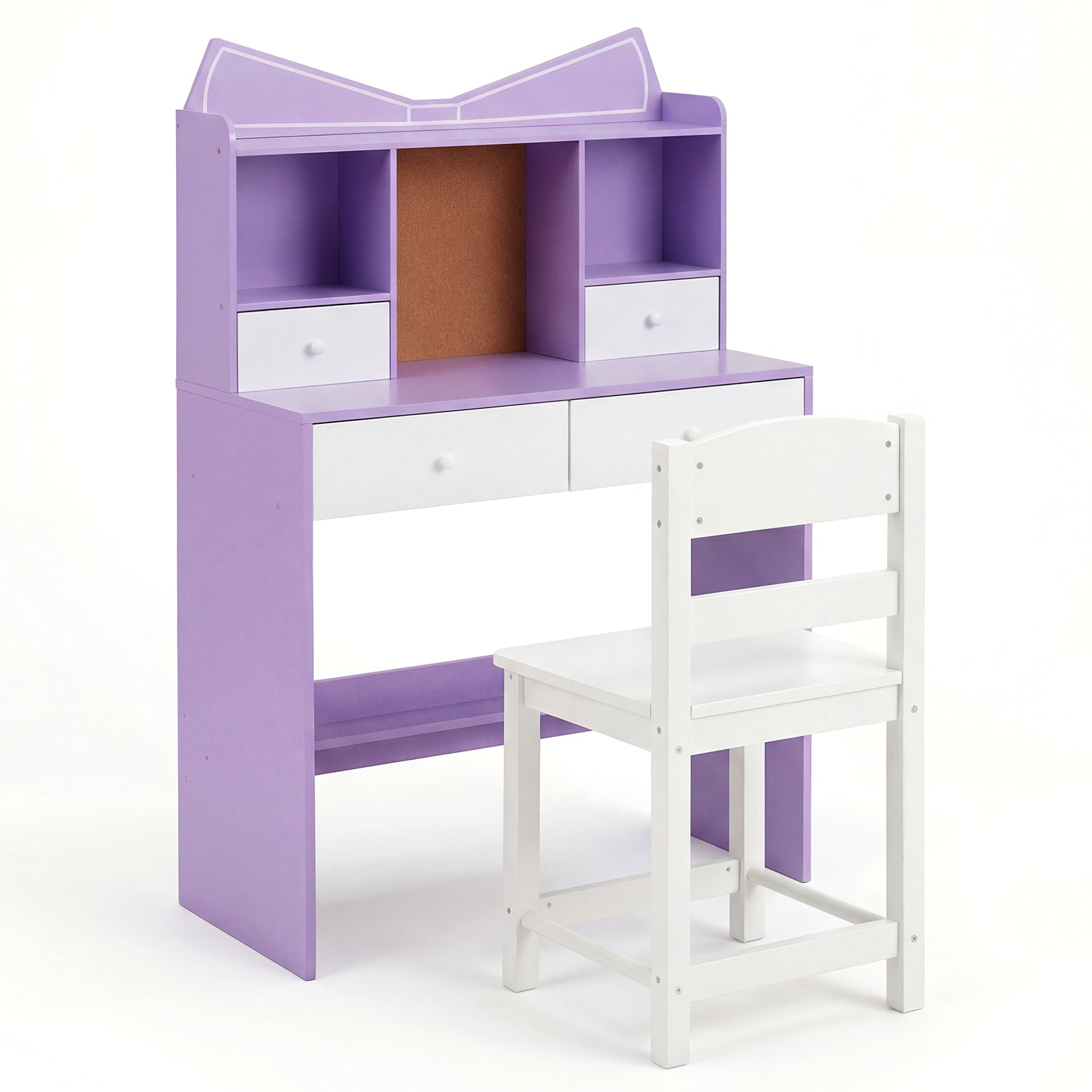 Kids Study Desk and Chair Set with Open Shelves and Cork Bulletin Board-Natural