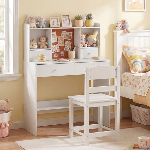 Kids Study Desk and Chair Set with Open Shelves and Cork Bulletin Board-Natural