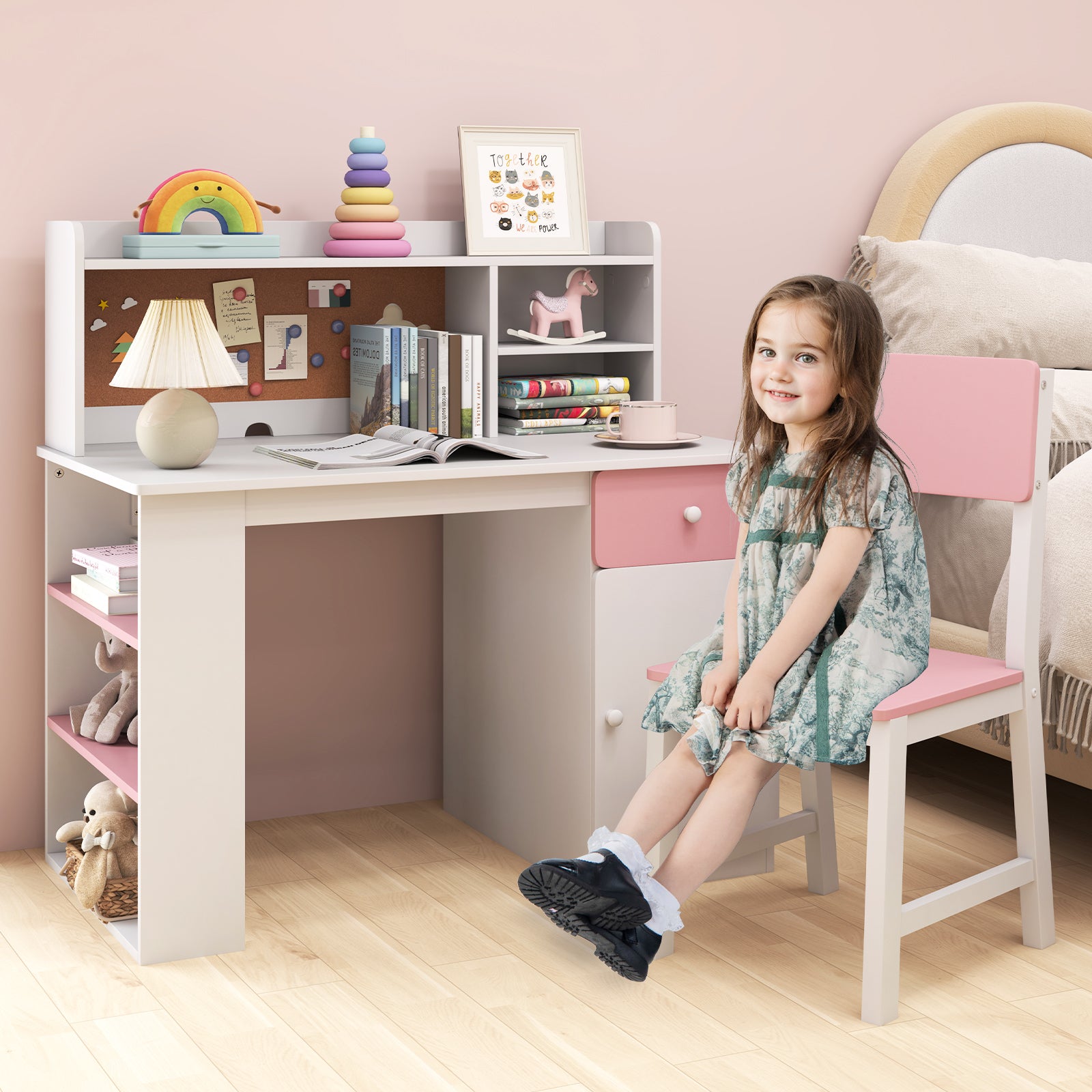 Kids Desk and Chair Set with Chair Hutch and 3-Layer Side Shelf-Pink