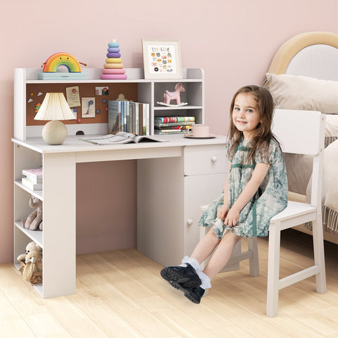 Kids Desk and Chair Set with Chair Hutch and 3-Layer Side Shelf-Pink