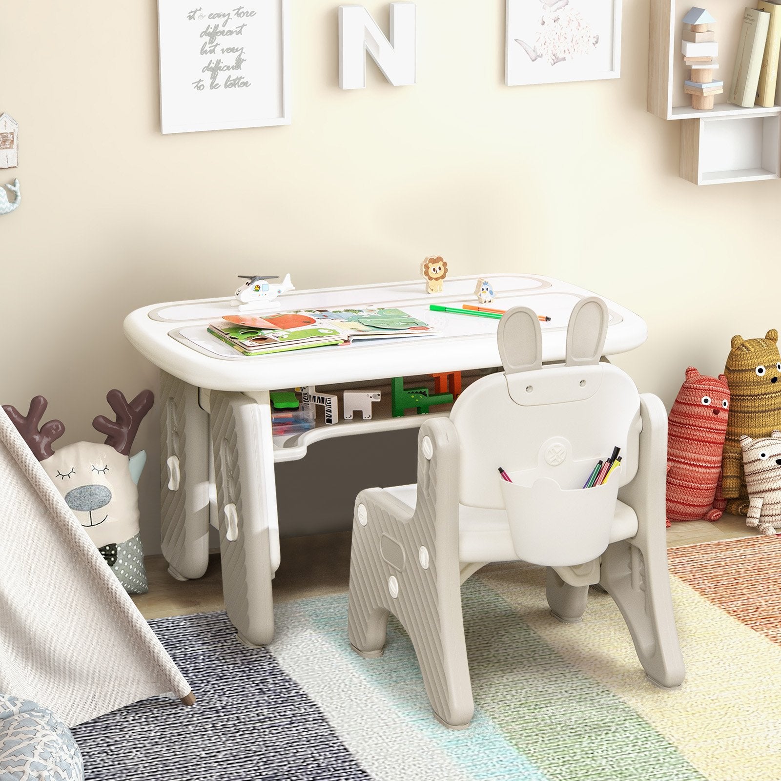 Kids Drawing Table and Chair Set with Flip-Top Tabletop Bookshelf-Grey