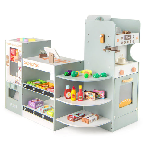 Kids Grocery Store Playset Wooden Pretend Play Supermarket-Green