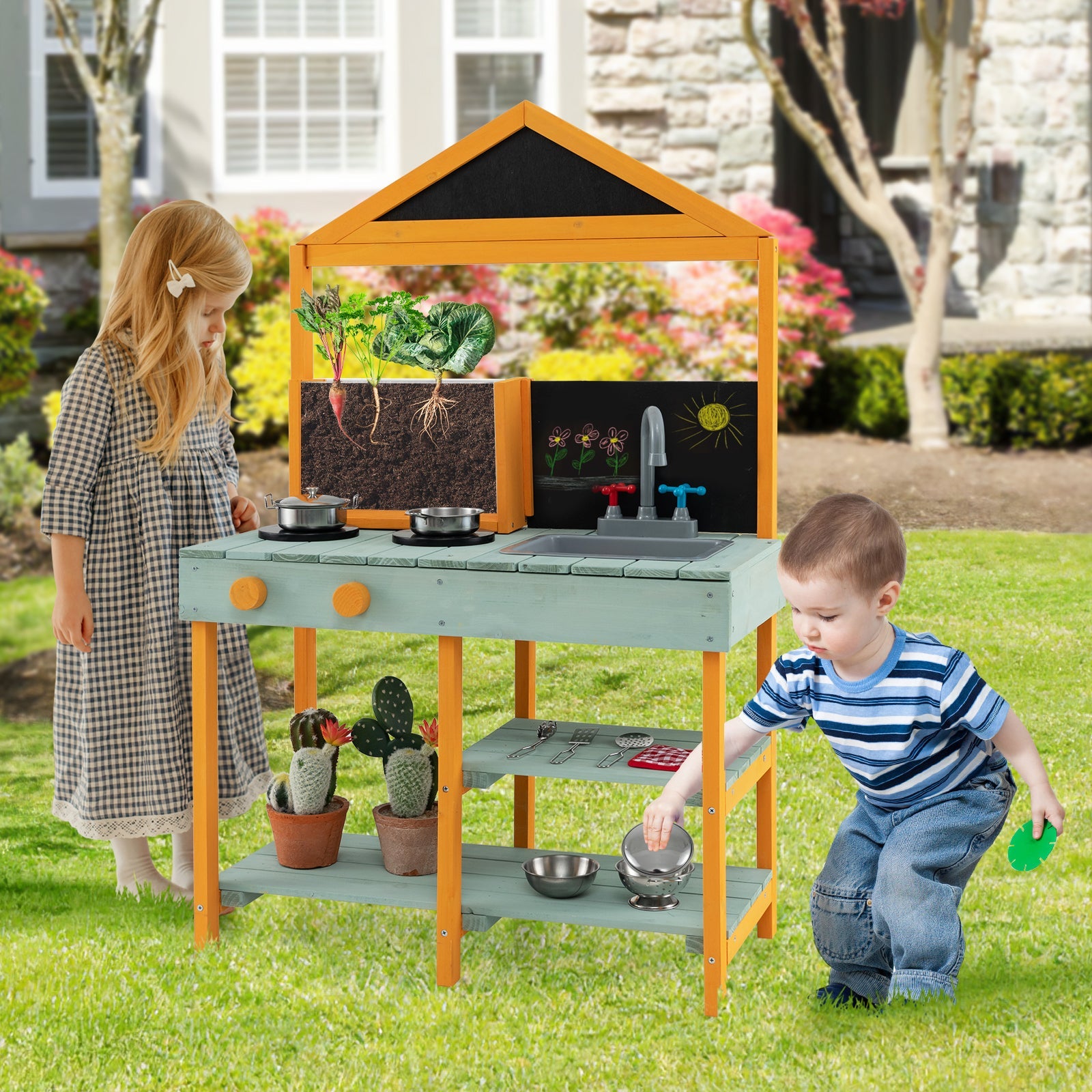 Kids Kitchen Playset with Root Viewer Planter Rotatable Faucet-Blue