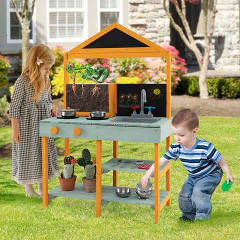 Kids Kitchen Playset with Root Viewer Planter Rotatable Faucet-Blue