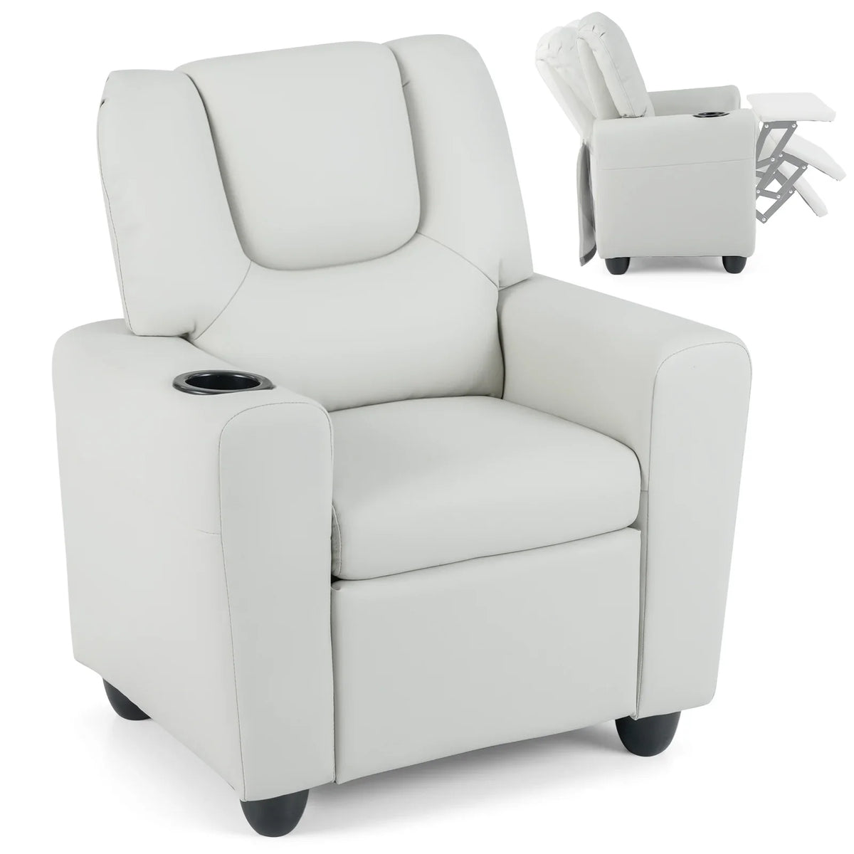 Kids Recliner with Cup Holder PU Leather Kids Reclining Chair-Beige