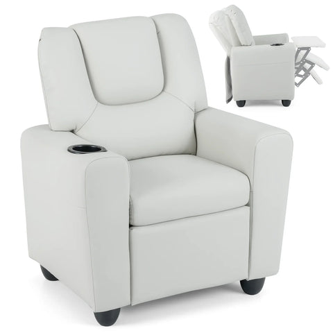 Kids Recliner with Cup Holder PU Leather Kids Reclining Chair-Beige