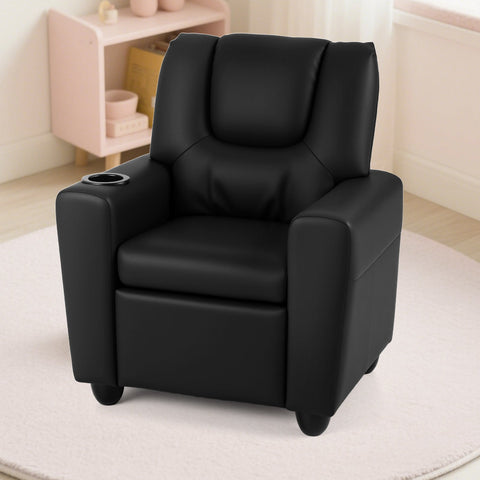 Kids Recliner with Cup Holder PU Leather Kids Reclining Chair-Beige